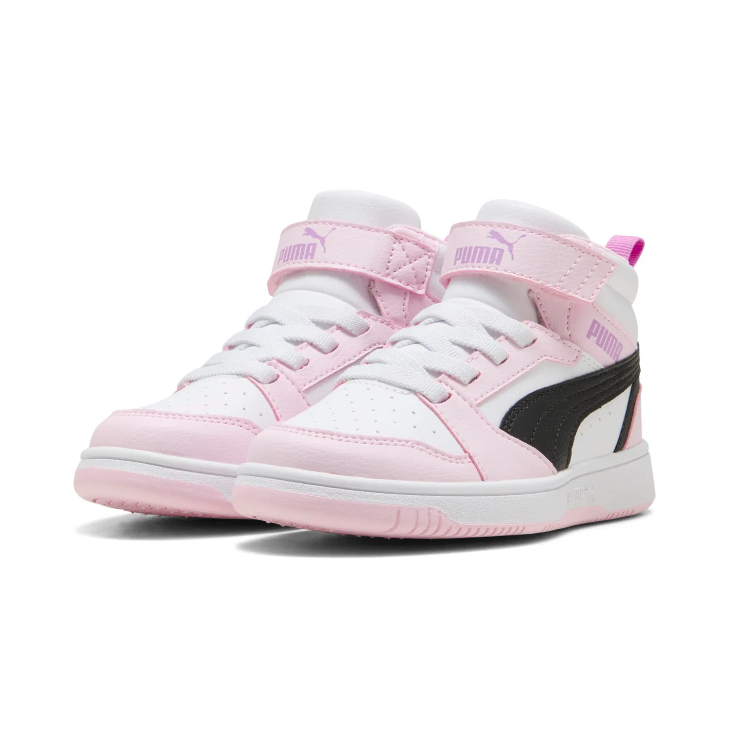 Детские кроссовки с мягкой амортизацией PUMA Rebound V6 Mid AC+ PS, White/Black/Pink