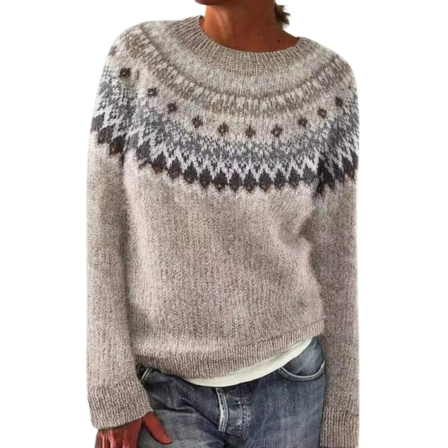 Женский свитер с принтом Fairisle Norwegian Sweater, Dark Khaki