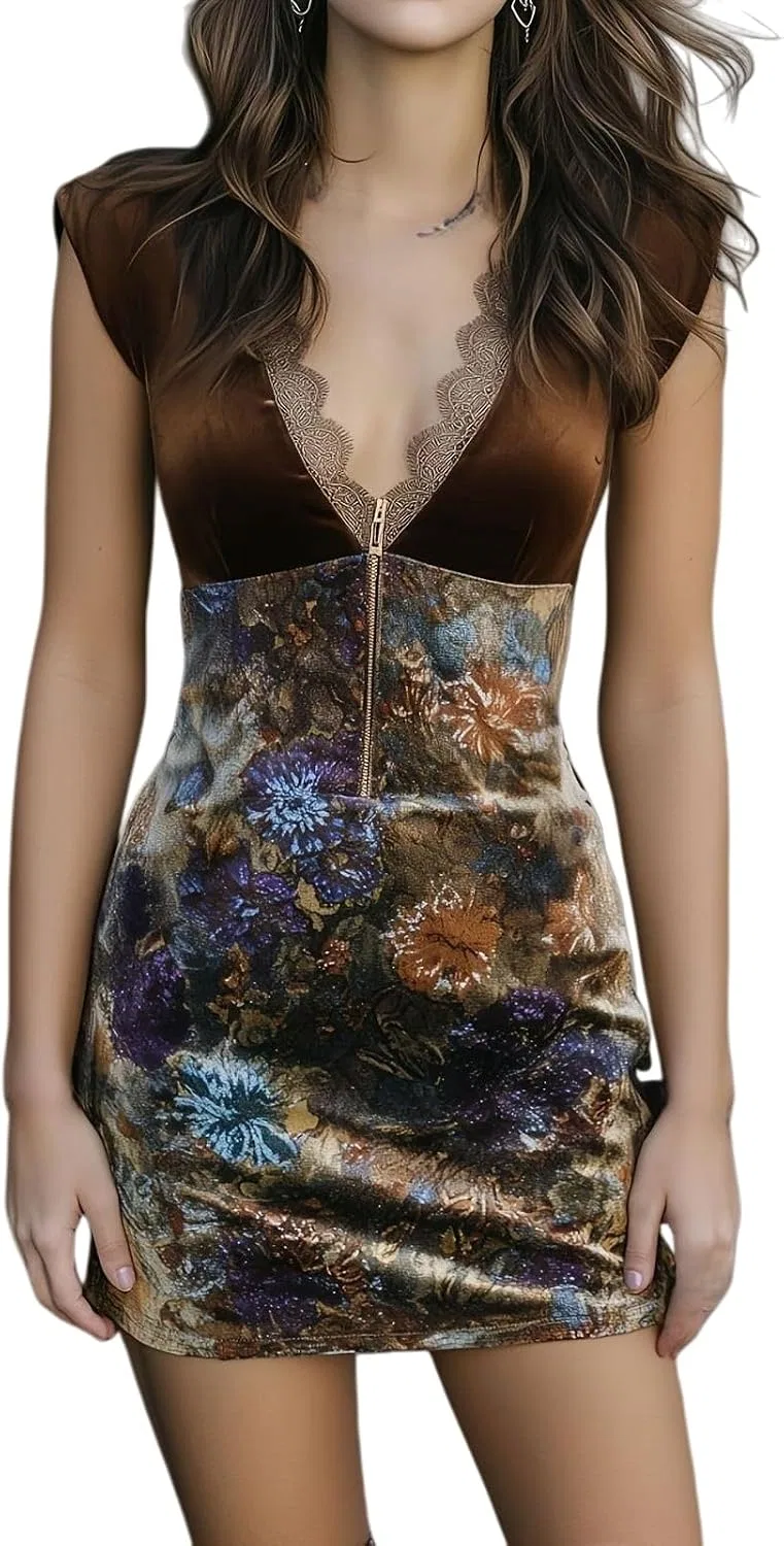 Женское мини-платье с цветочным принтом Velvet Floral Dress, Brown