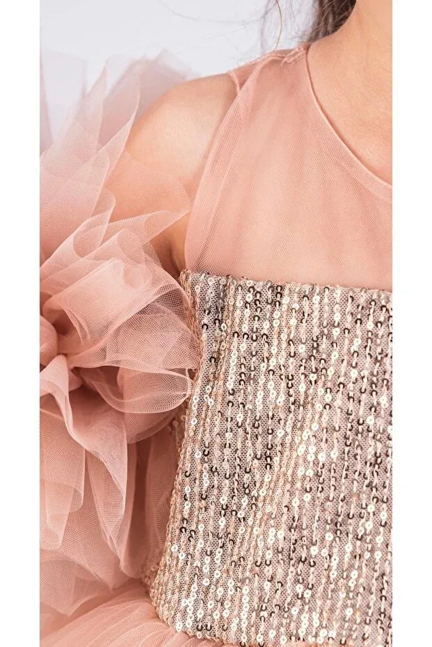Детское платье для девочек с длинным рукавом Pompom sleeves sequined tutu girl's evening dress Little Pumpkin, Pink — фото 2