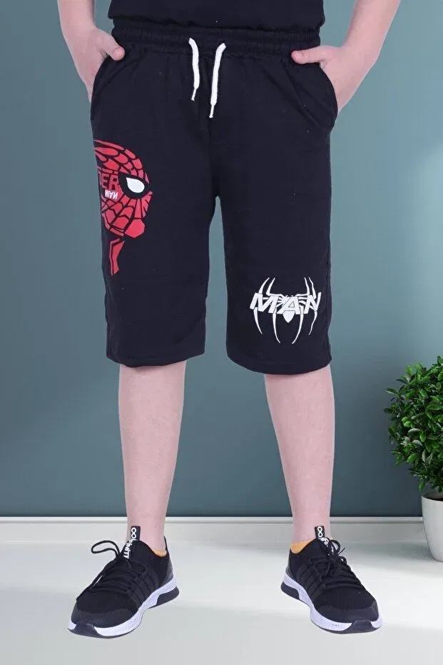 Детские шорты для мальчиков с принтом Spiderman text printed wide leg cord detailed Fyk Collection, Black — фото 2