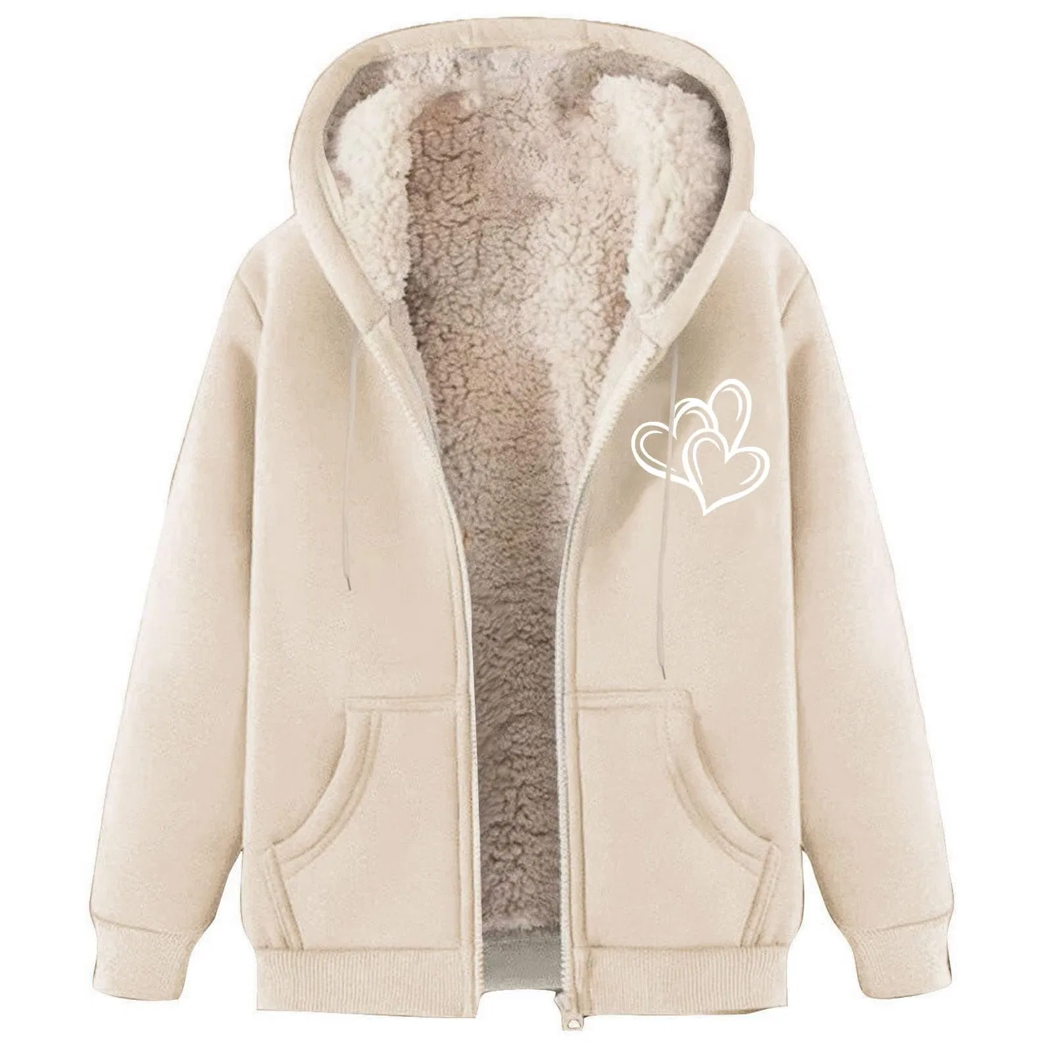 Женское пальто из флиса с капюшоном и молнией, с принтом, модель не указана, Beige