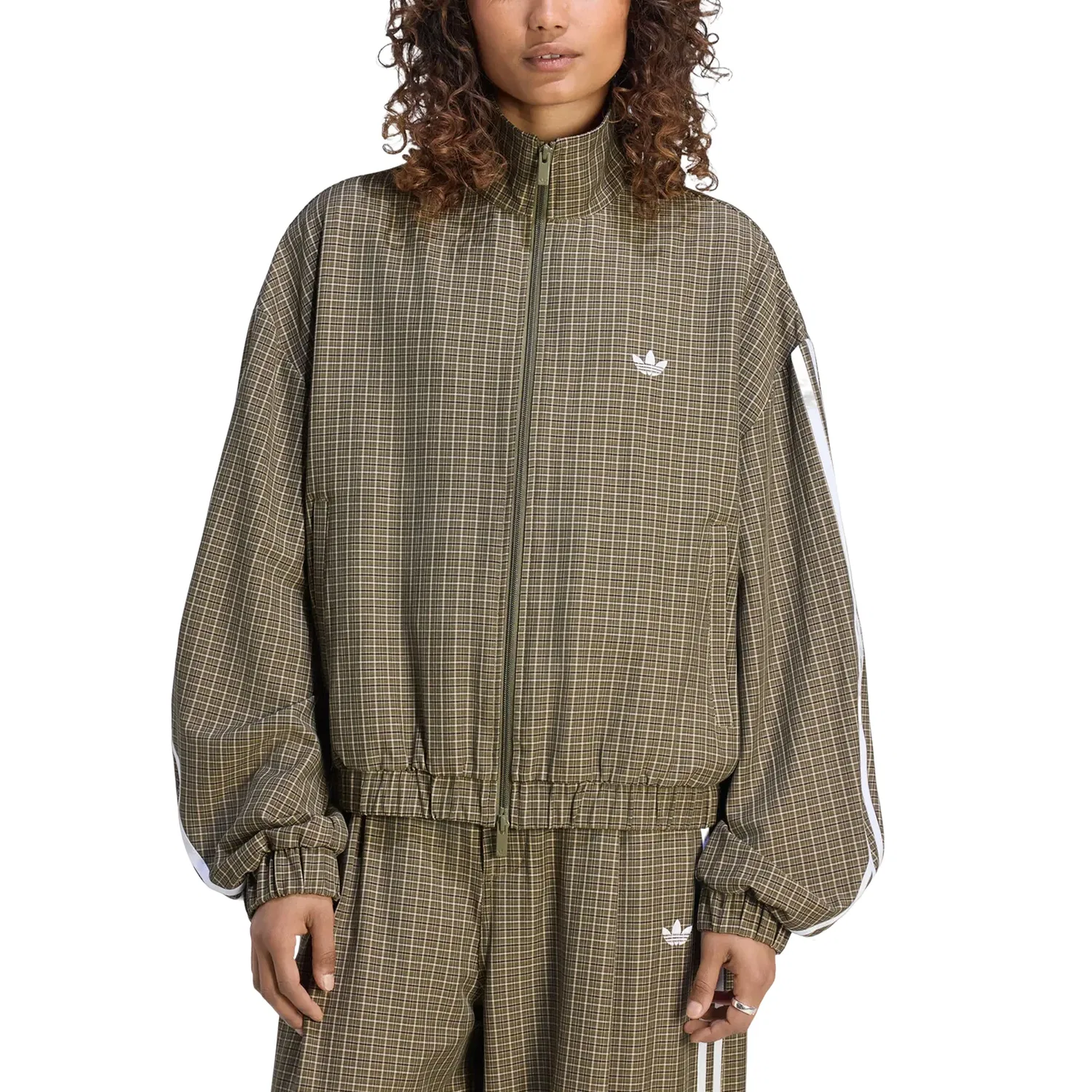 Женская куртка Checks Track Top Asia SIzing 'Olive Strata Wonder Beige Aurora Coffee' adidas, Olive Strata/Wonder Beige/Aurora Coffee — фото 4