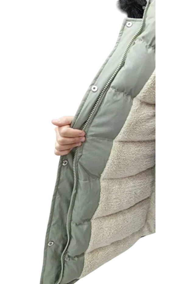 Детское пальто для девочек с капюшоном Girl'S mint green hooded fur-lined plush lined zipper snap closure midi length puffer jacket Irem Çocuk Giyim, Mint Green — фото 4
