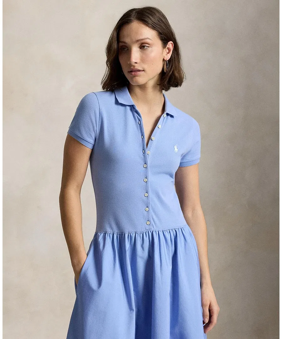 Женское платье-поло из сетки с юбкой из хлопка Hybrid Mesh Polo Collar A-Line Dress Polo Ralph Lauren, Dress Shirt Blue — фото 2