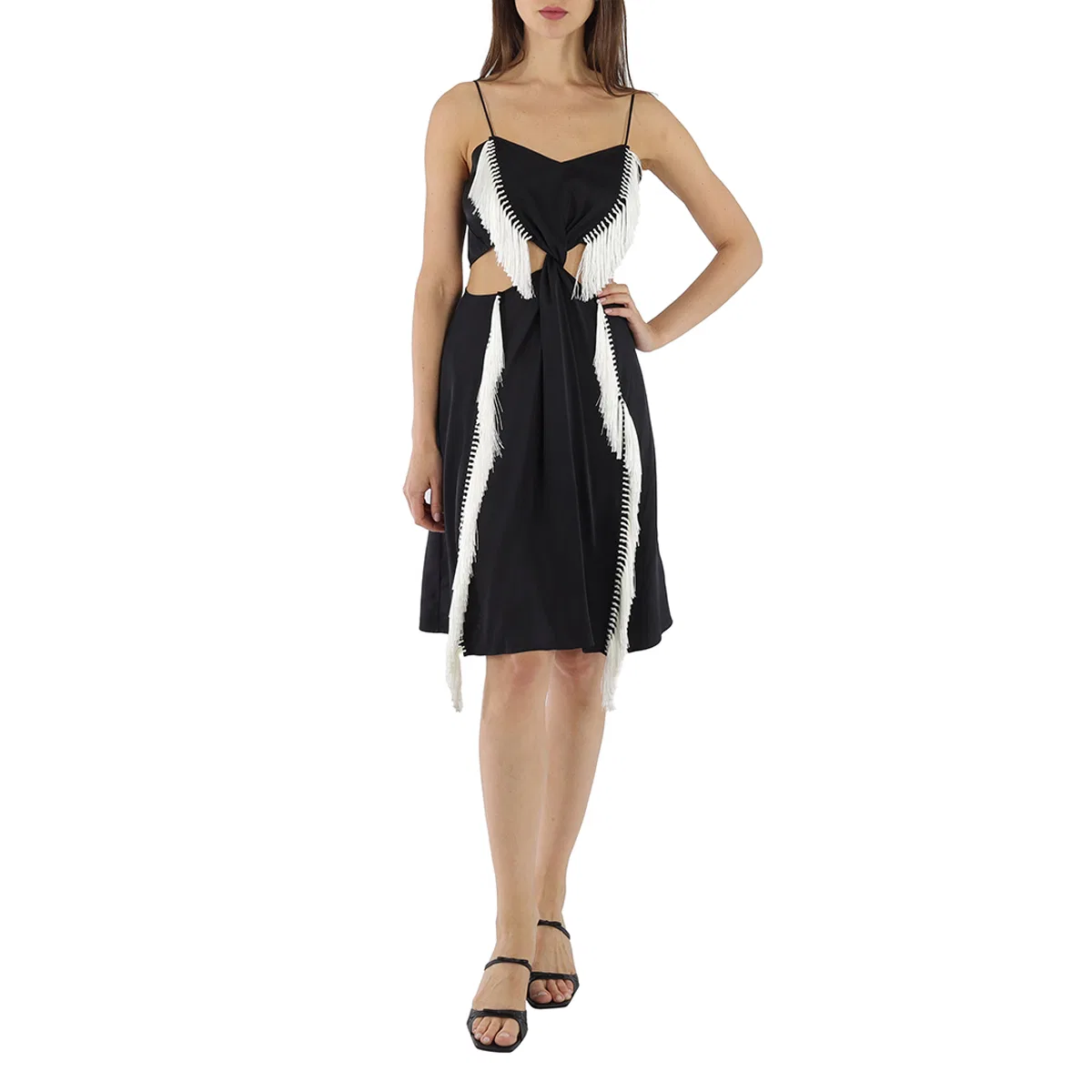 Платье-комбинация из шелкового сатина с бахромой Black Silk Satin Slip Dress With Fringed Detail Burberry, Black