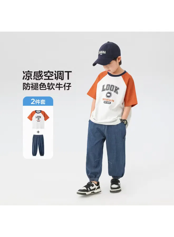 Комплект летний с коротким рукавом и брюками от комаров, модель Boys' Summer Outfit, Zuoxi, оранжевый — фото 2