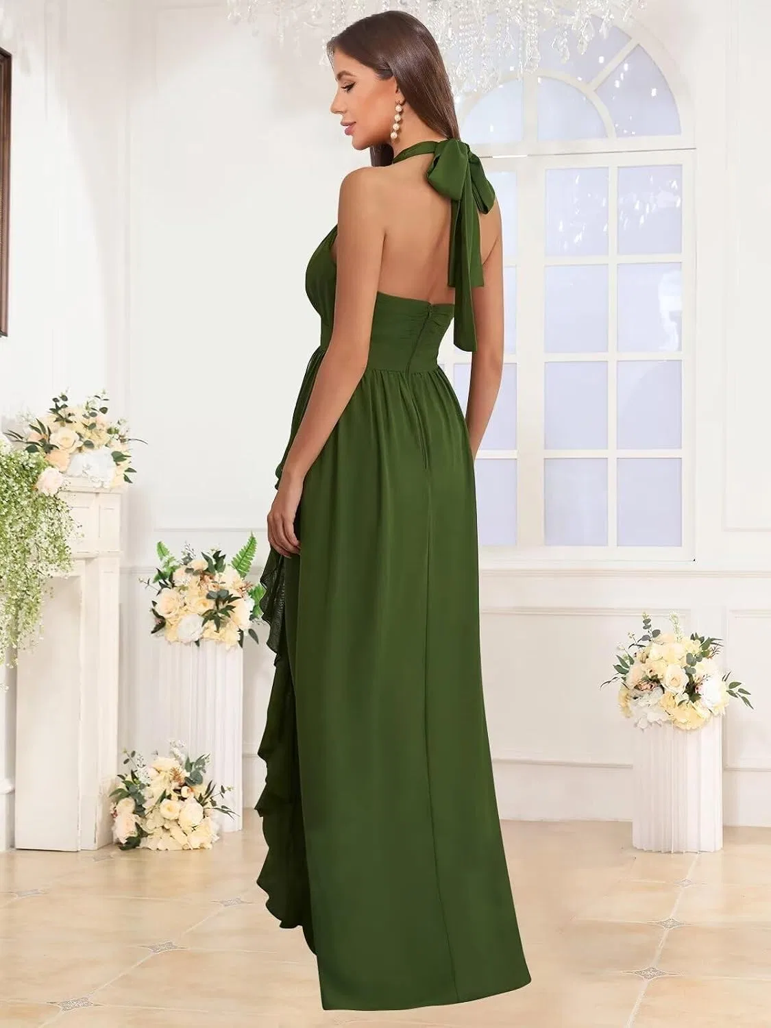 Женское длинное платье с разрезом из шифона A-line, Olive Green — фото 2