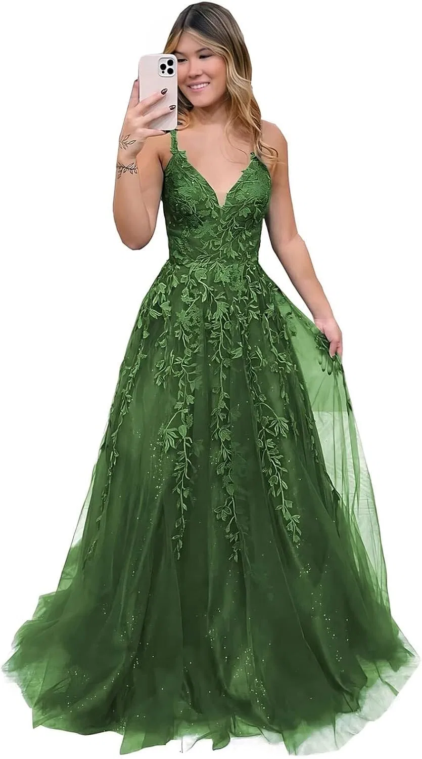 Женское вечернее платье с кружевными аппликациями A-силуэта, Olive Green
