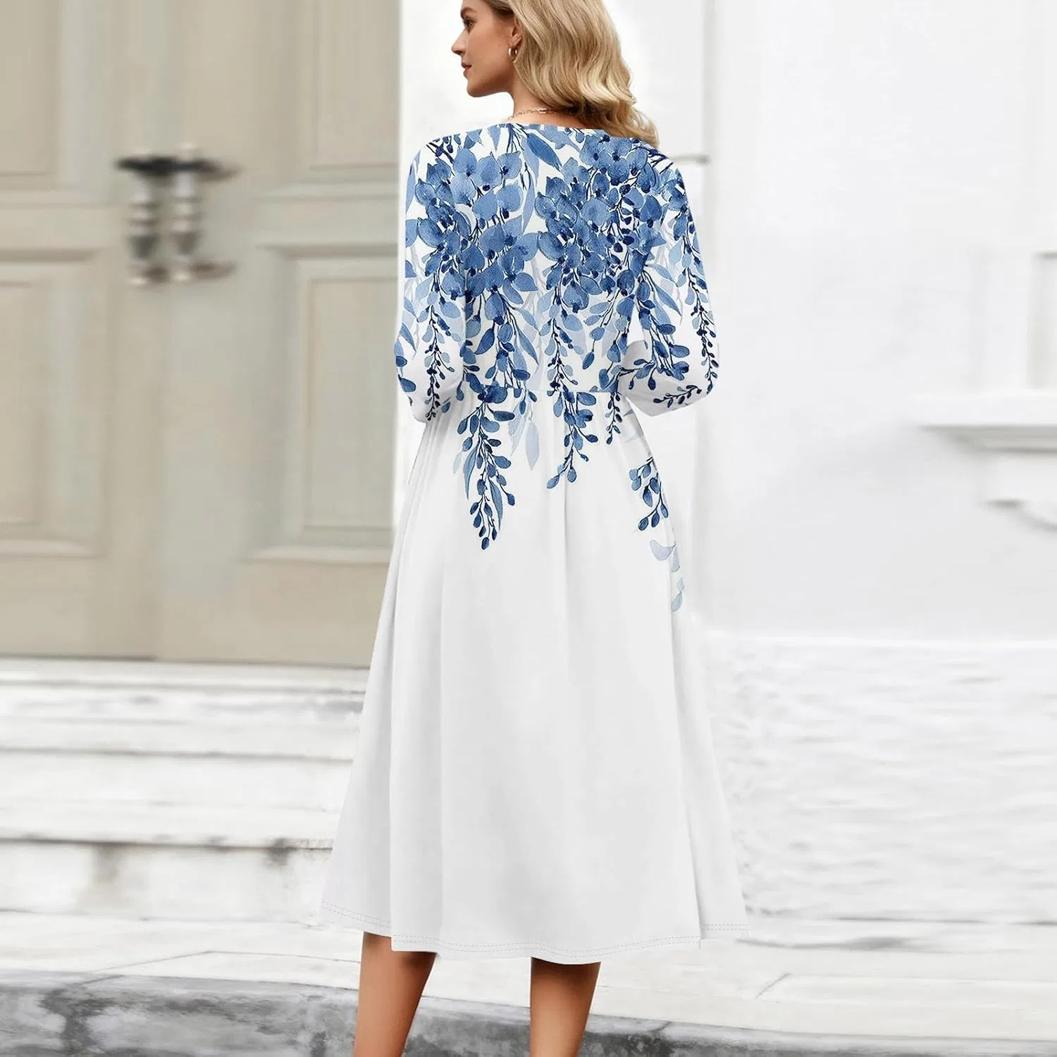 Женское платье миди A-силуэта с цветочным принтом, White — фото 4