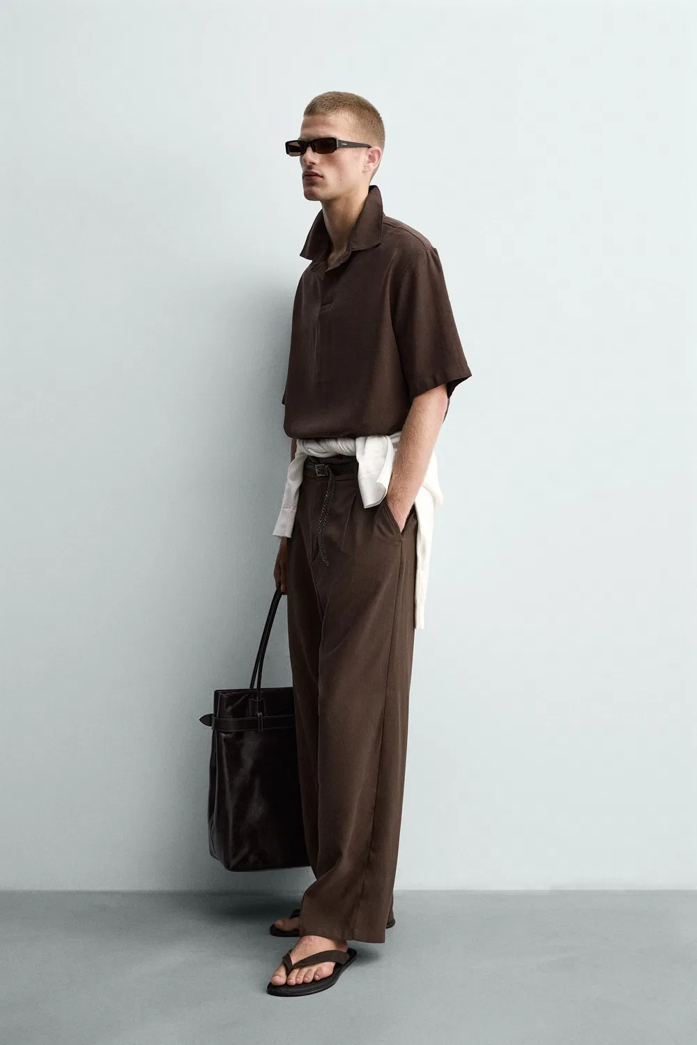 Свободная, струящаяся рубашка-поло ZARA, Brown — фото 4