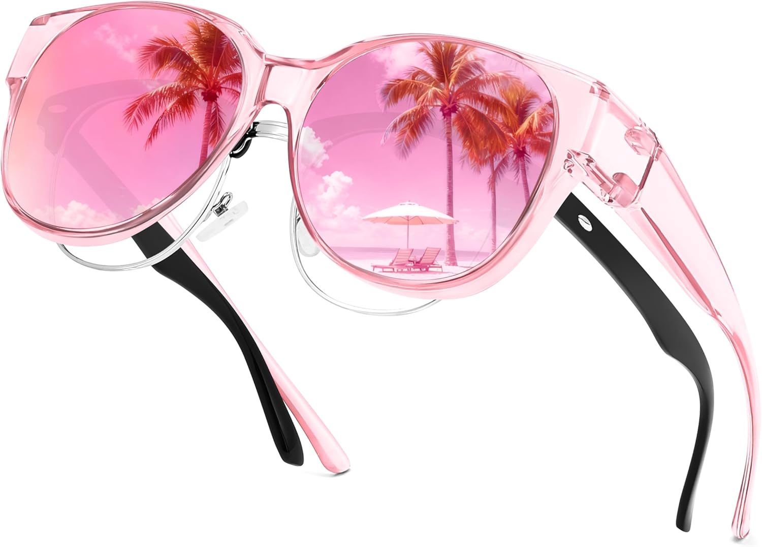 

Солнцезащитные поляризованные очки FEISEDY Fit Over Glasses с защитой от УФ-излучения UV400 для вождения и активного отдыха на открытом воздухе B0328, Transparent Pink Frame & Pink Mirror Lens