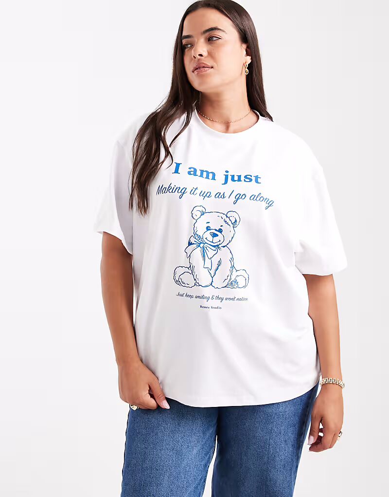 

Эксклюзивная футболка большого размера с принтом плюшевого мишки Plus белого цвета Renee Studio, Белый, Эксклюзивная футболка большого размера с принтом плюшевого мишки Plus белого цвета Renee Studio