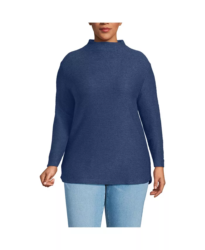 

Туника большого размера с длинными рукавами и воротником-стойкой, свободного кроя, с каймами и воротничком-воронкой Lands' End, синий