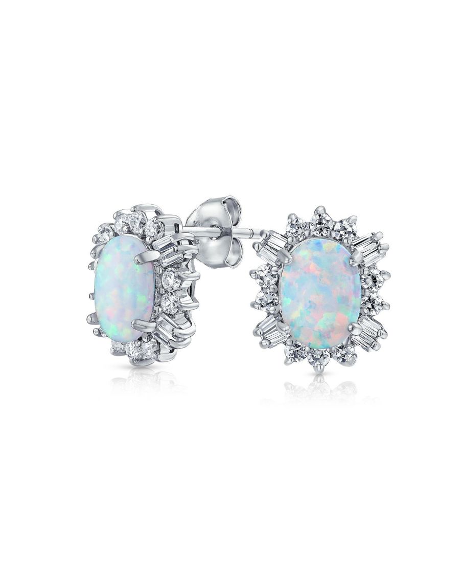 

Серьги-гвоздики в винтажном стиле: овальные серьги с искусственным опалом в форме короны, багетная огранка, ореол из фианитов, серебро 925 пробы, 12 мм Bling Jewelry, White