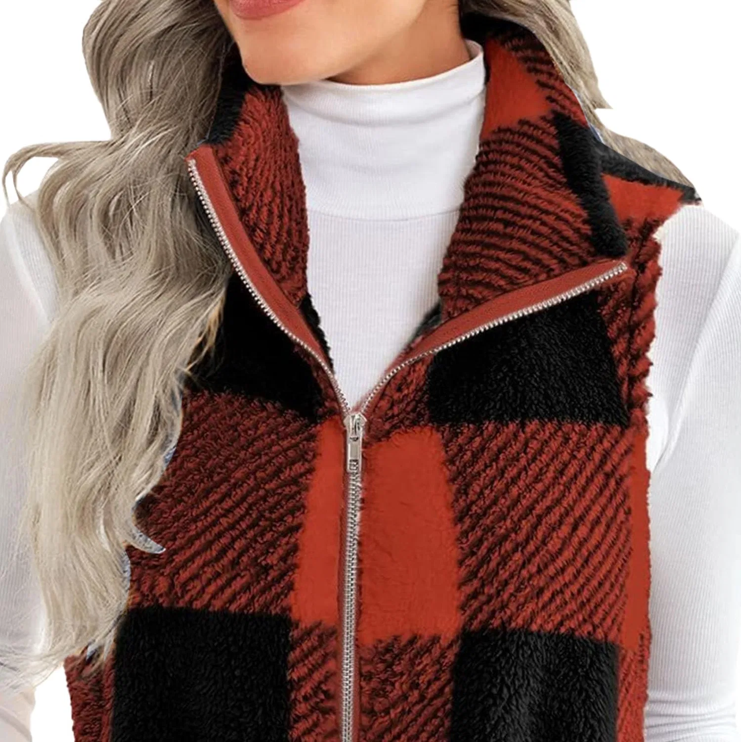 Женский жилет без рукавов с принтом Fluffy Warm Casual Women Fur Plaid Sherpa Jacket Autumn Winter, Arancia — фото 4
