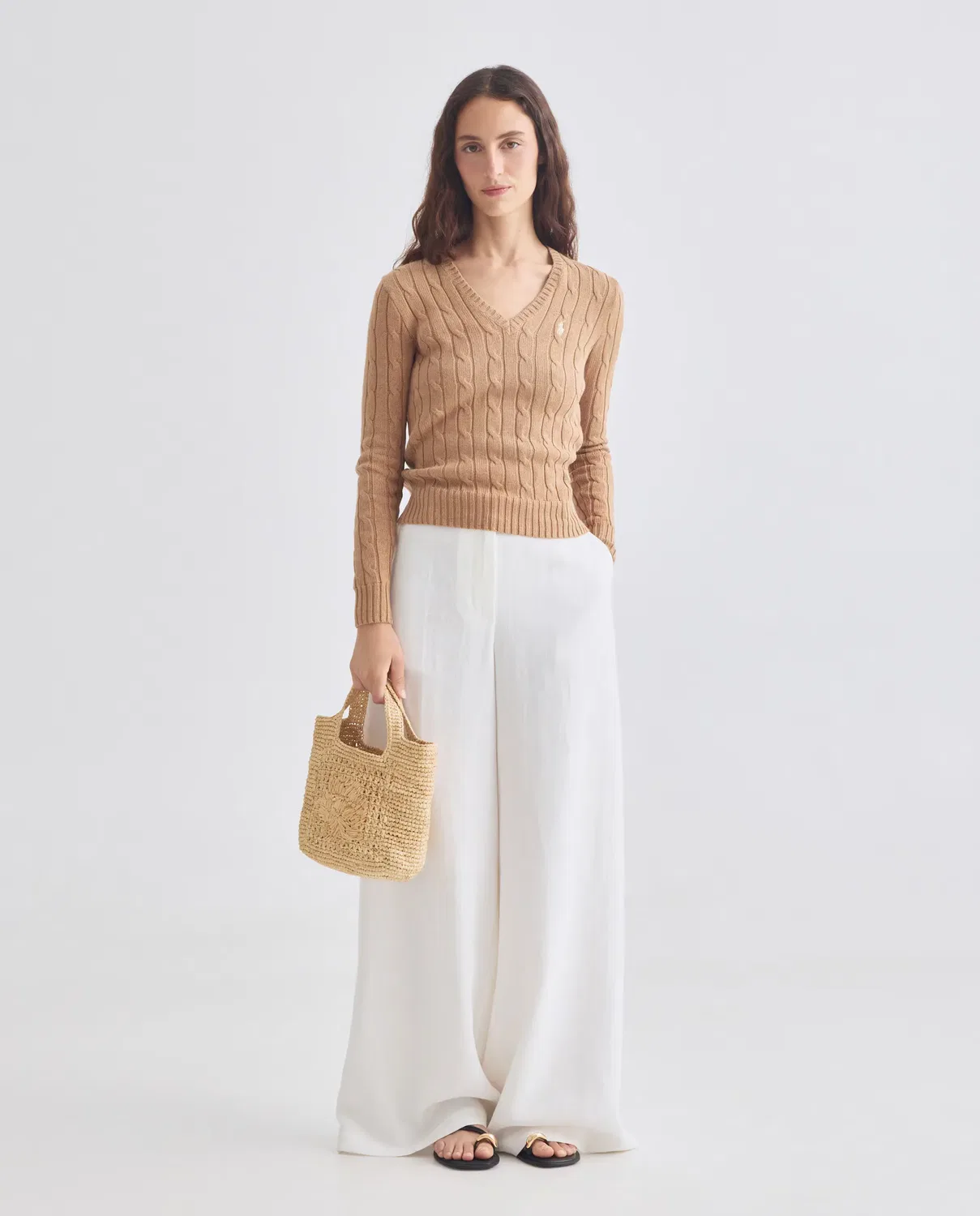 Женский джемпер с V-образным вырезом косичка Polo Ralph Lauren, Beige — фото 2