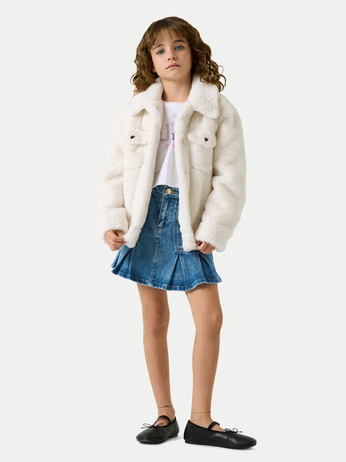 Меховая шуба стандартного кроя для девочки Guess, кремовый — фото 2