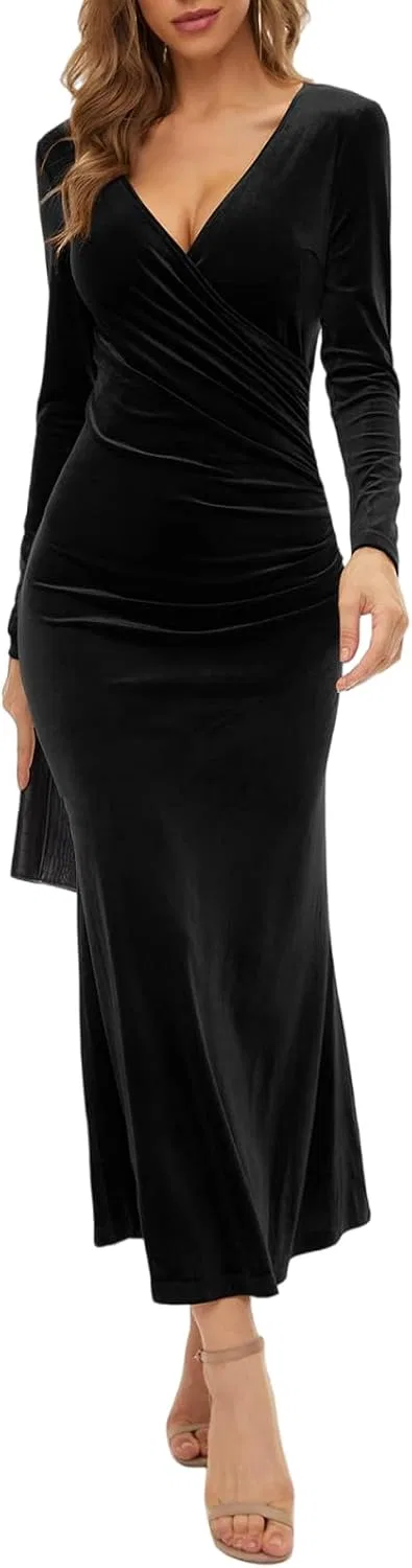 Женское бархатное платье-запах с V-образным вырезом Bodycon, Black
