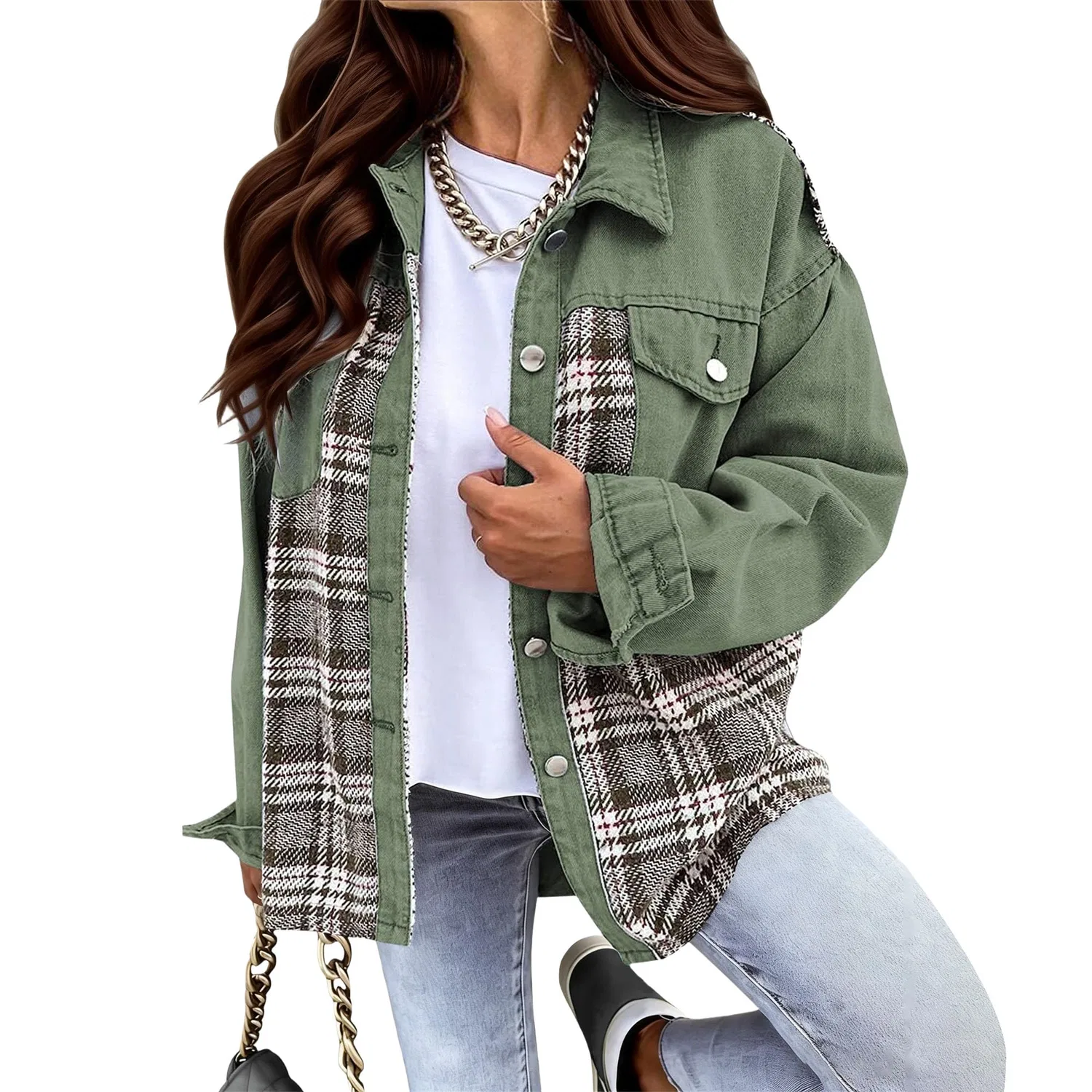 Женское джинсовое пальто с длинным рукавом Plaid, green