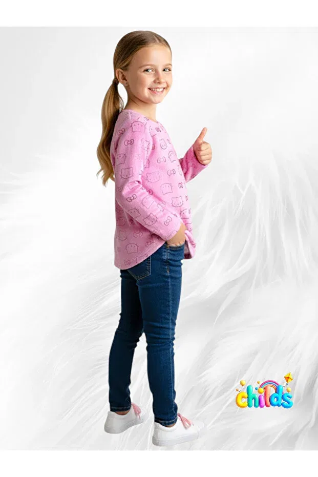 Детские свитшот для девочек с принтом Pink Shiny Cat Printed Fleece Without Sharding Childs, Pink — фото 3