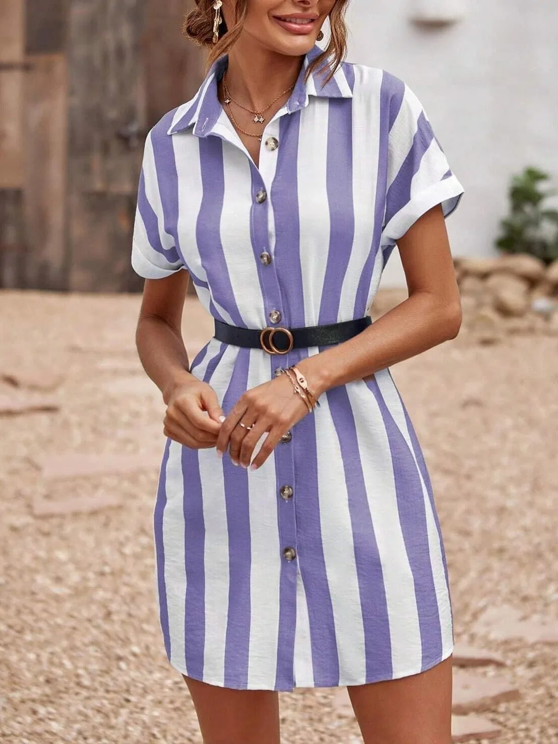 Платье-рубашка с полоской Batwing Sleeve, Blue and White — фото 4