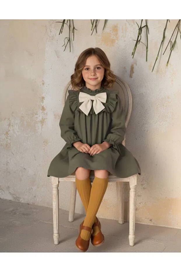 Детское платье для девочек с длинным рукавом Melek Golden, Khaki — фото 2