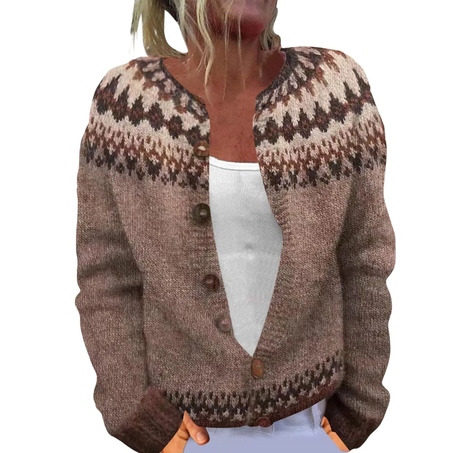 Женский кардиган с нордическим узором Fair Isle с длинным рукавом, Coffee-f
