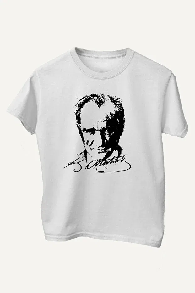 Детская футболка с принтом для мальчиков Cotton standard cut crew neck short sleeve black ataturk printed white april 23 children's t-shirt Çapıt, White
