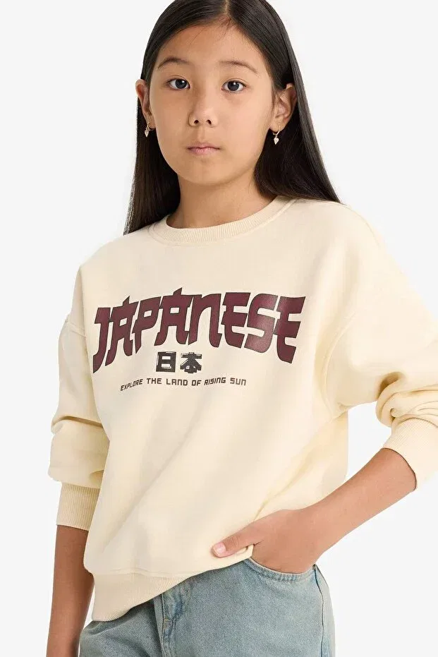 Детские свитшот для девочек с принтом Relax fit crew neck printed soft fleece inside sweatshirt for girls e6779a825wn Defacto, Ecru-Er134