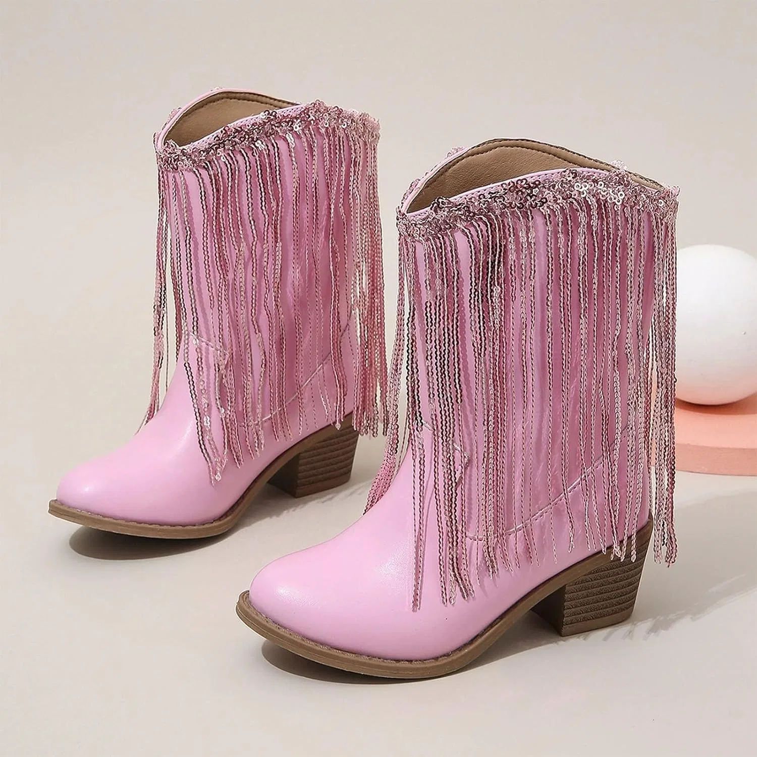 Детские сапоги для девочек с бахромой и стразами Cowboy Boots for Girls Fringe Western Rhinestone Sparkly Chunky Heel Tassle Mid Calf Kids Pointed Toe Riding Boots, Pink — фото 2