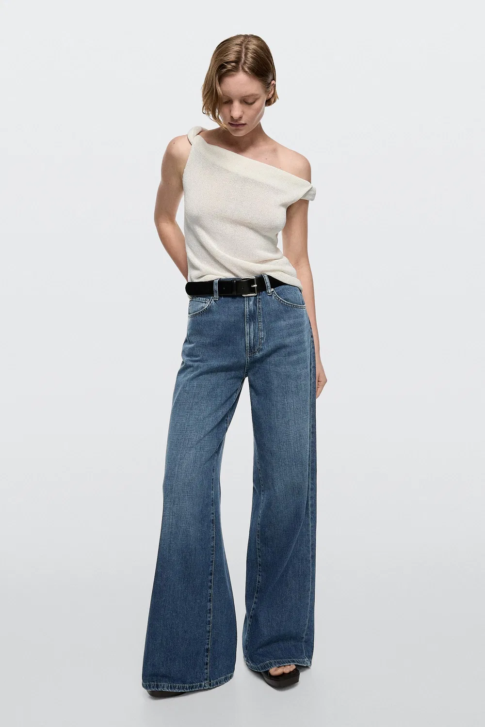Джинсы Massimo Dutti High-waist Wide-leg, средне-синий — фото 3