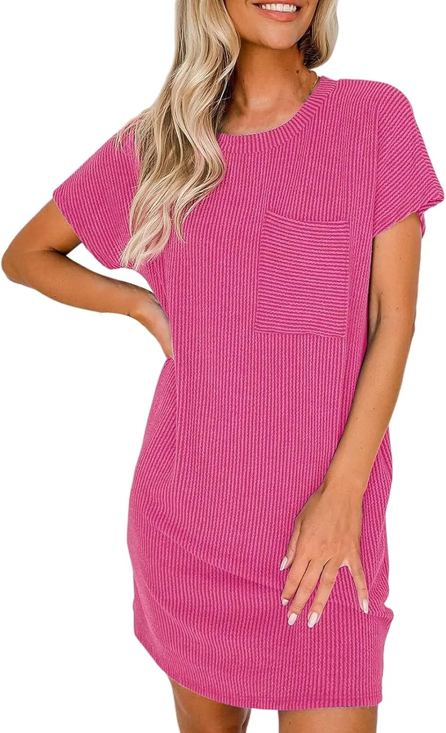 Женское летнее мини-платье А-силуэта с коротким рукавом Casual Summer Dresses, Hot Pink