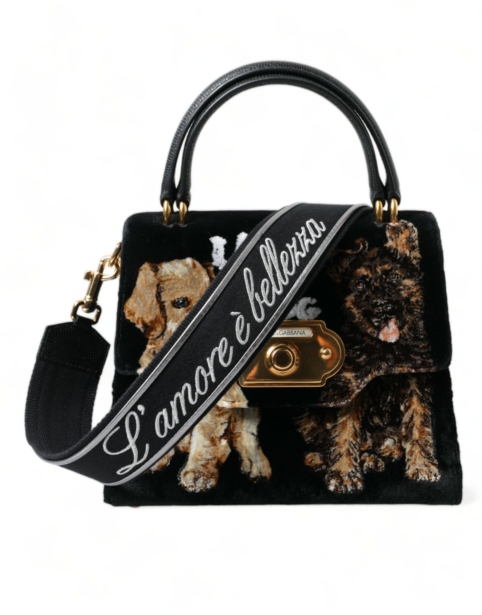

Элегантная сумка из бархата и кожи с рисунком собаки Dolce & Gabbana, черный