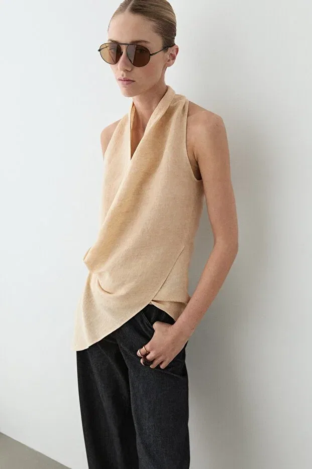 Женская блузка с запахом льняная Massimo Dutti, Stone Gray — фото 2