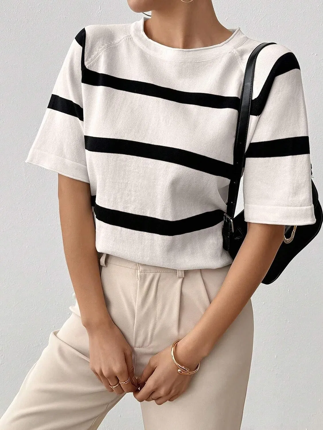 Женский свитер-пуловер с принтом, Casual Colorblock Striped Short Sleeve Knit Pullover Sweaters for Women, белый — фото 3