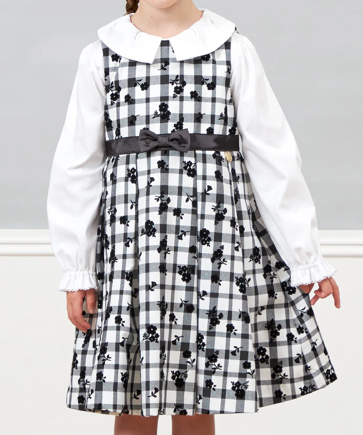 Детский сарафан с цветочным принтом и клеткой, модель Check ON Flower Print KP, Black — фото 4