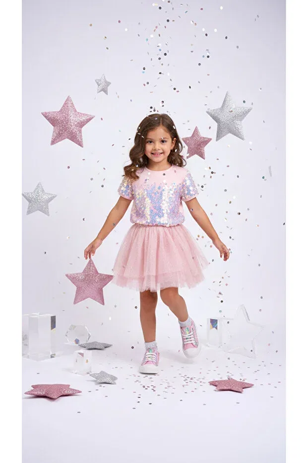 Детские кроссовки для девочек с пайетками и шнуровкой Kids A More, Pink — фото 4