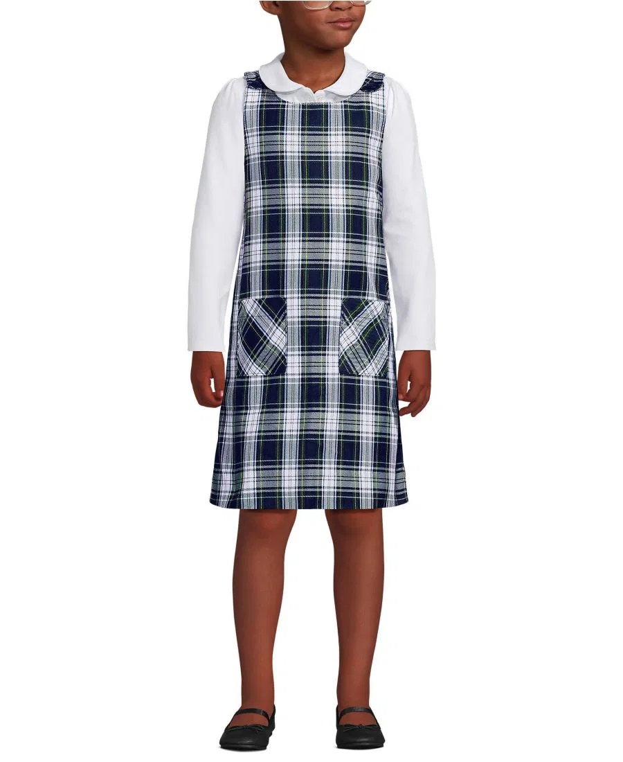 Детский джемпер с пуговицами на плечах и накладными карманами Lands' End, White Plaid