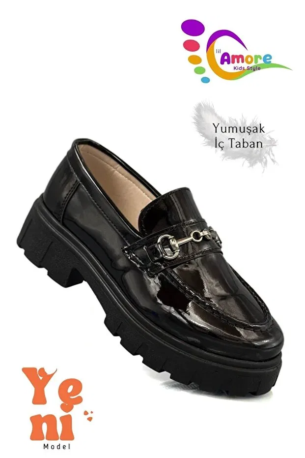 Детские туфли для девочек с пряжкой, лоферы, Sermoda, Patent Leather Black — фото 4