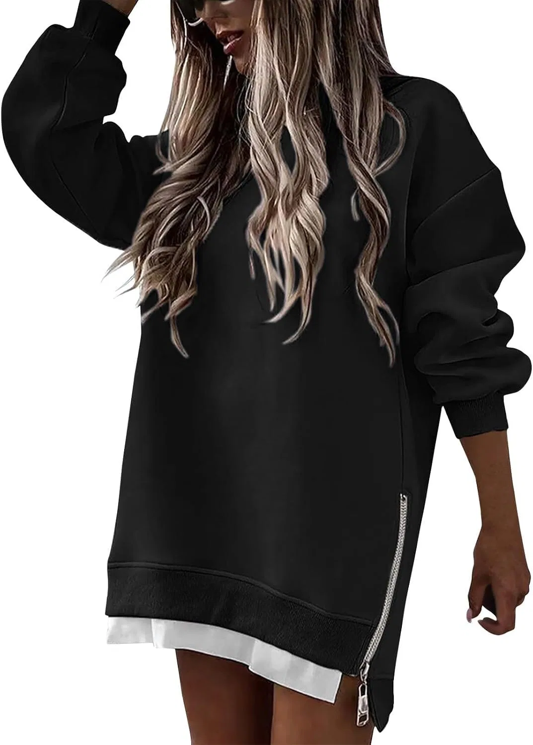 Женский свитшот-платье с длинным рукавом, Y2K, Loose Side Zipper Crew Neck, чёрный