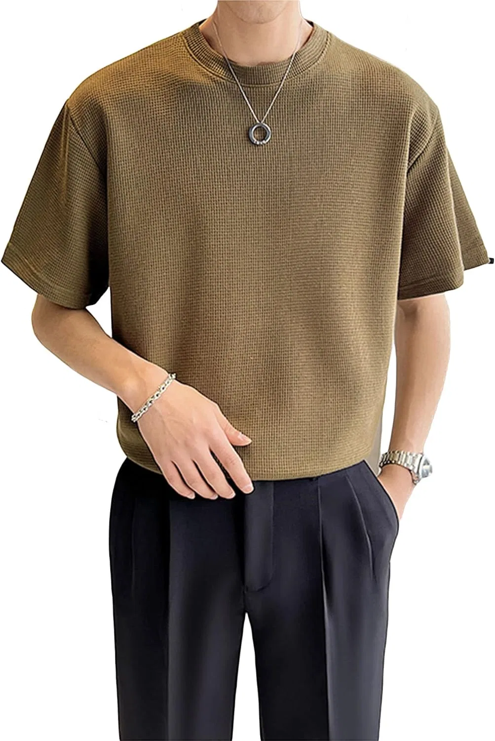 Мужская футболка с вафельным переплетением, короткий рукав, Slim Fit, Army Green
