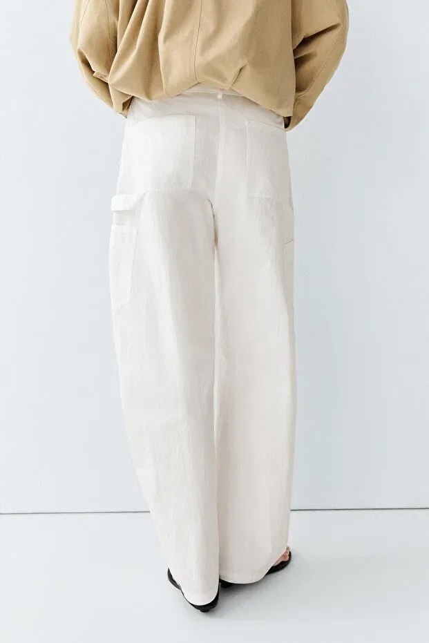 Женские широкие брюки карго хлопковые Massimo Dutti, White — фото 4