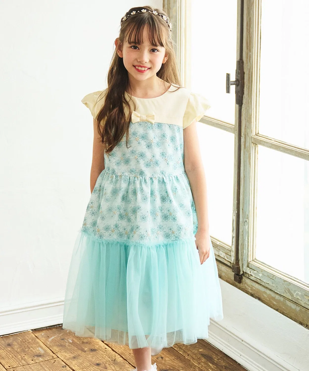 Детское платье из тюля с вышивкой Kumikyoku KIDS, Blossom Tulle, Turquoise Blue