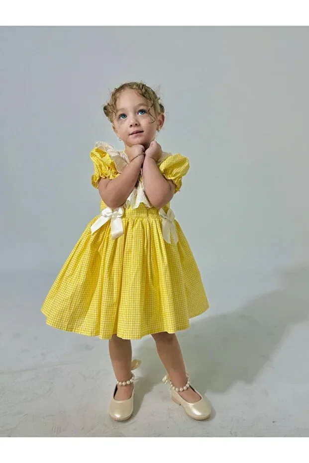 Детское платье для девочек с принтом Defne Yellow Buttoned Vintage Baby Girl Dress Hly Karol Tasarım, Sarı — фото 3