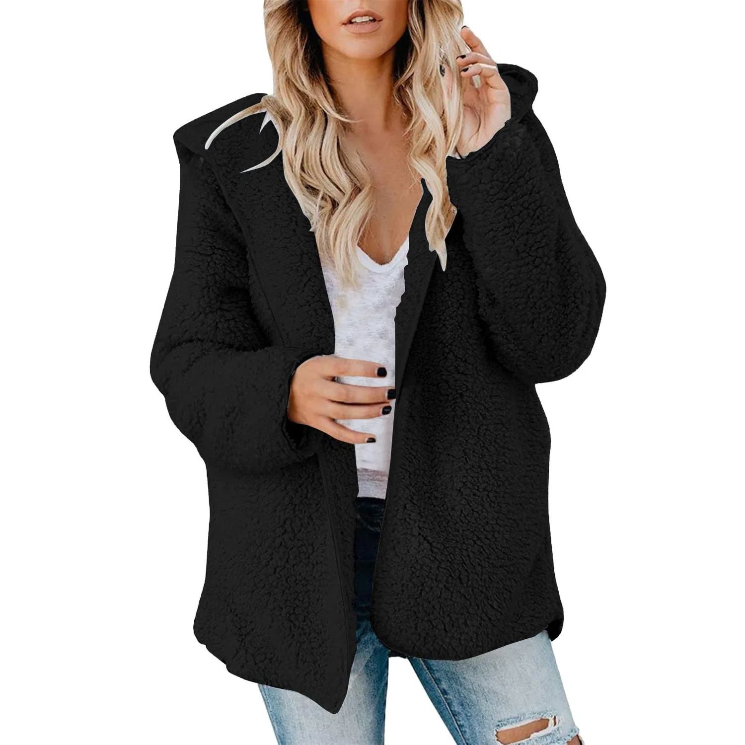 Женский кардиган с капюшоном из флиса, Black