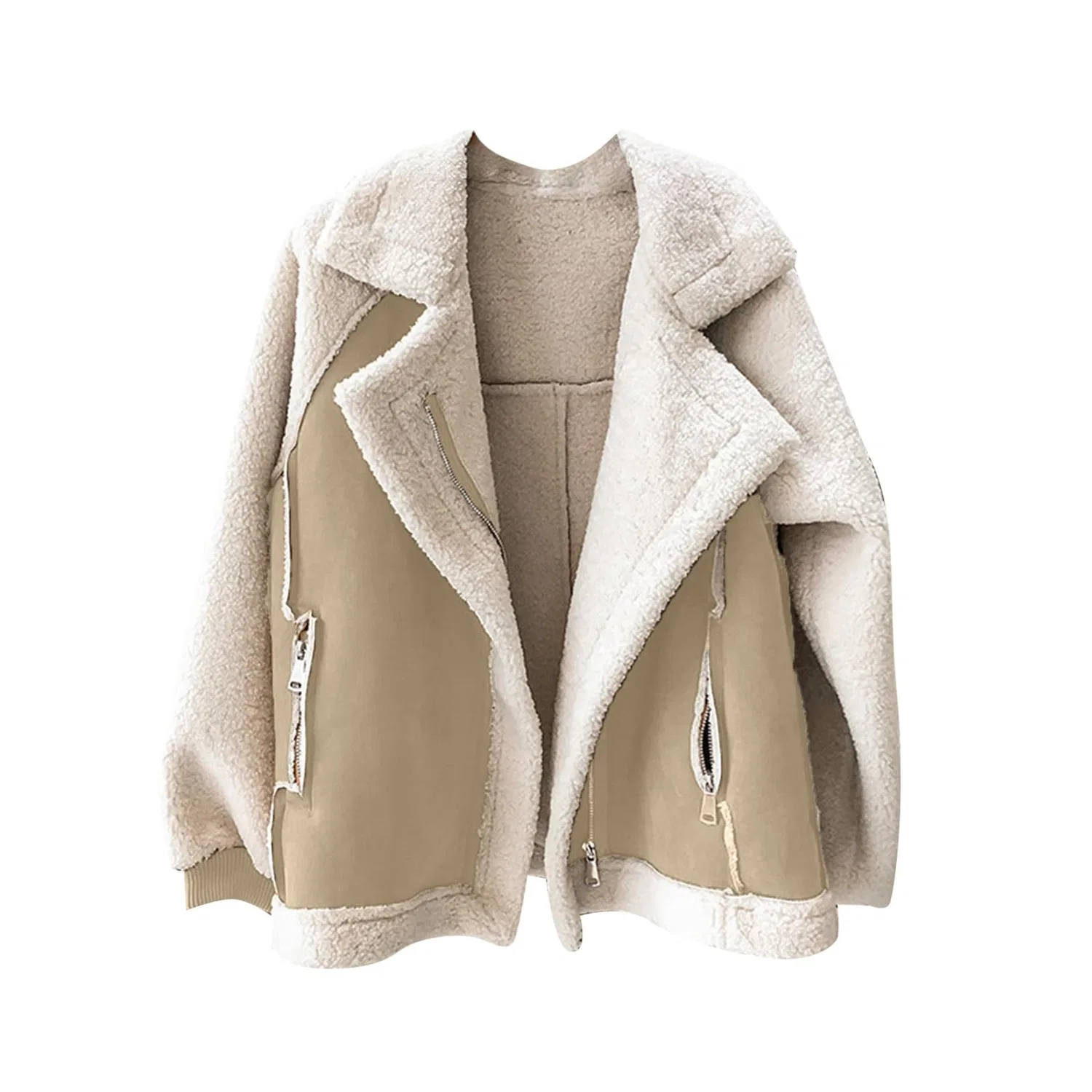 Женская теплая куртка-мотоциклистка из флиса, Beige — фото 3