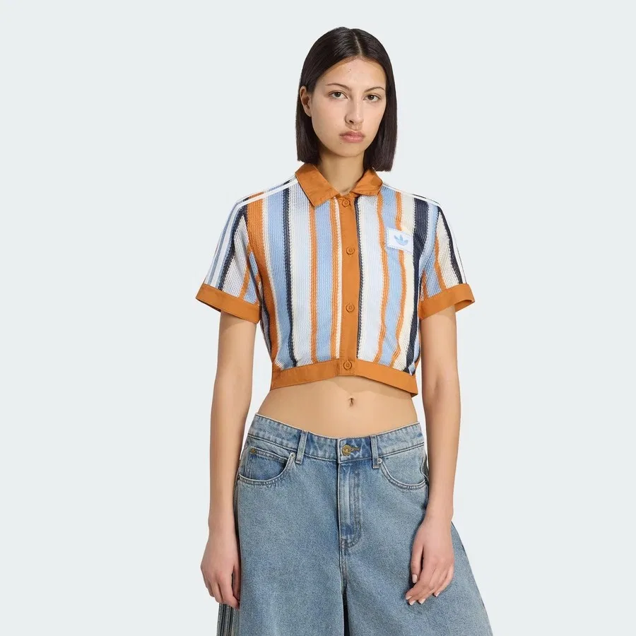 Женский поло-кроп-топ с полосами Summer Glow Striped Cropped Polo adidas, Оранжевый