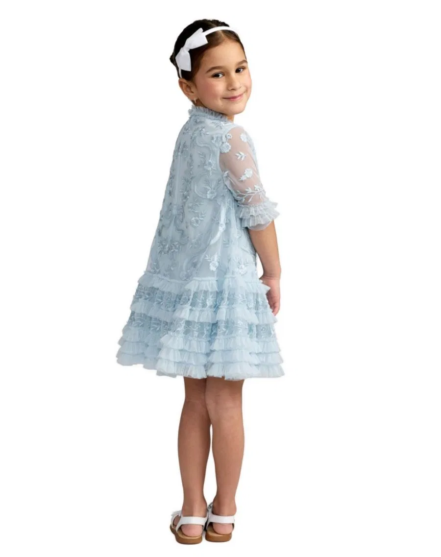 Платье мини с вышивкой и рюшами Little Girls Micro Ruffle Embroidered Mini Dress Mac Duggal, Powder Blue — фото 2