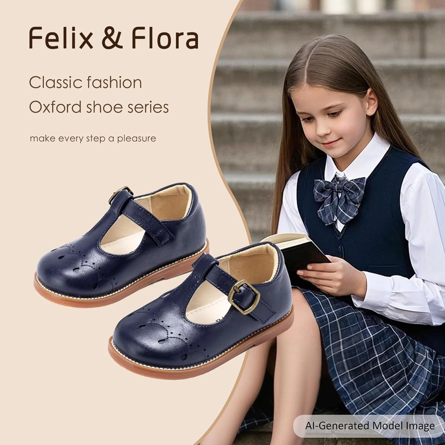 Детские туфли-оксфорды для девочек Mary Jane Felix & Flora, Navy Blue — фото 3